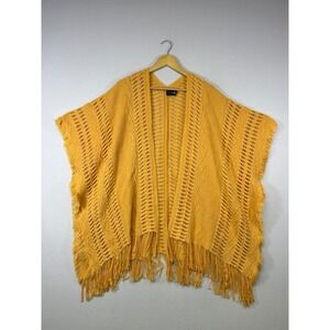 Boho Antthony Original Women OS Mustard Yellow Fringe Knit Open Front Poncho